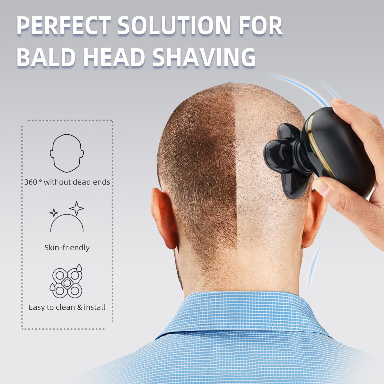 E-Hunter Freedom Grooming bald-head blades demonstrated for dry and wet use.