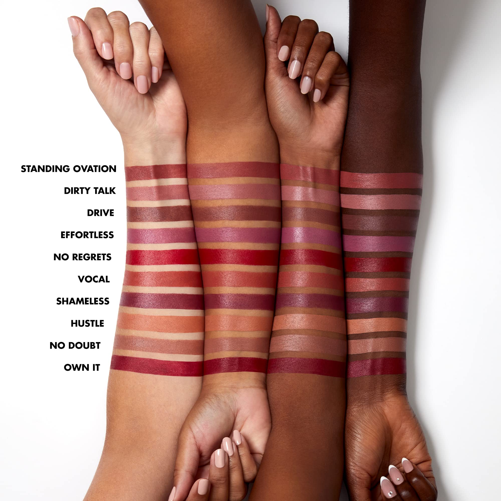 e.l.f. O Face Satin Lipstick display features 20 shades for versatile looks.