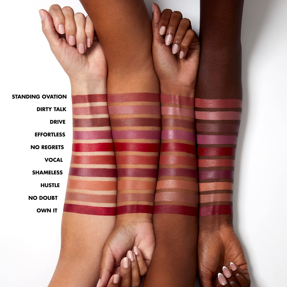 e.l.f. O Face Satin Lipstick display features 20 shades for versatile looks.