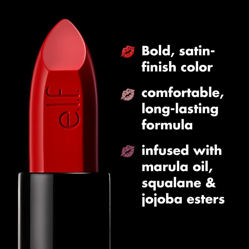 e.l.f. O Face Satin Lipstick ingredientes marula y jojoba para cuidado de labios.