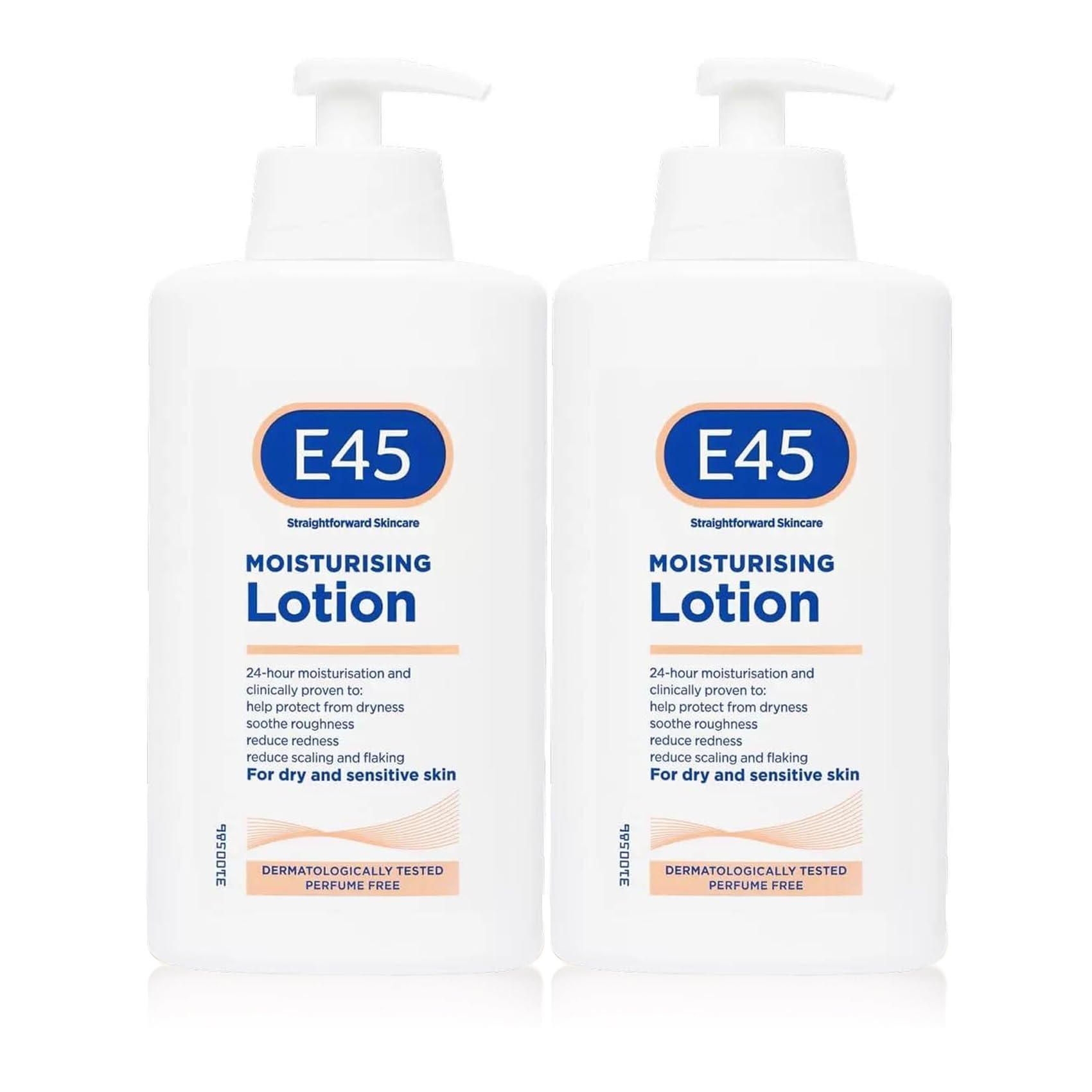 E45 Dermatological Moisturising Lotion 2-pack bottle showing smooth, fragrance-free skin relief.
