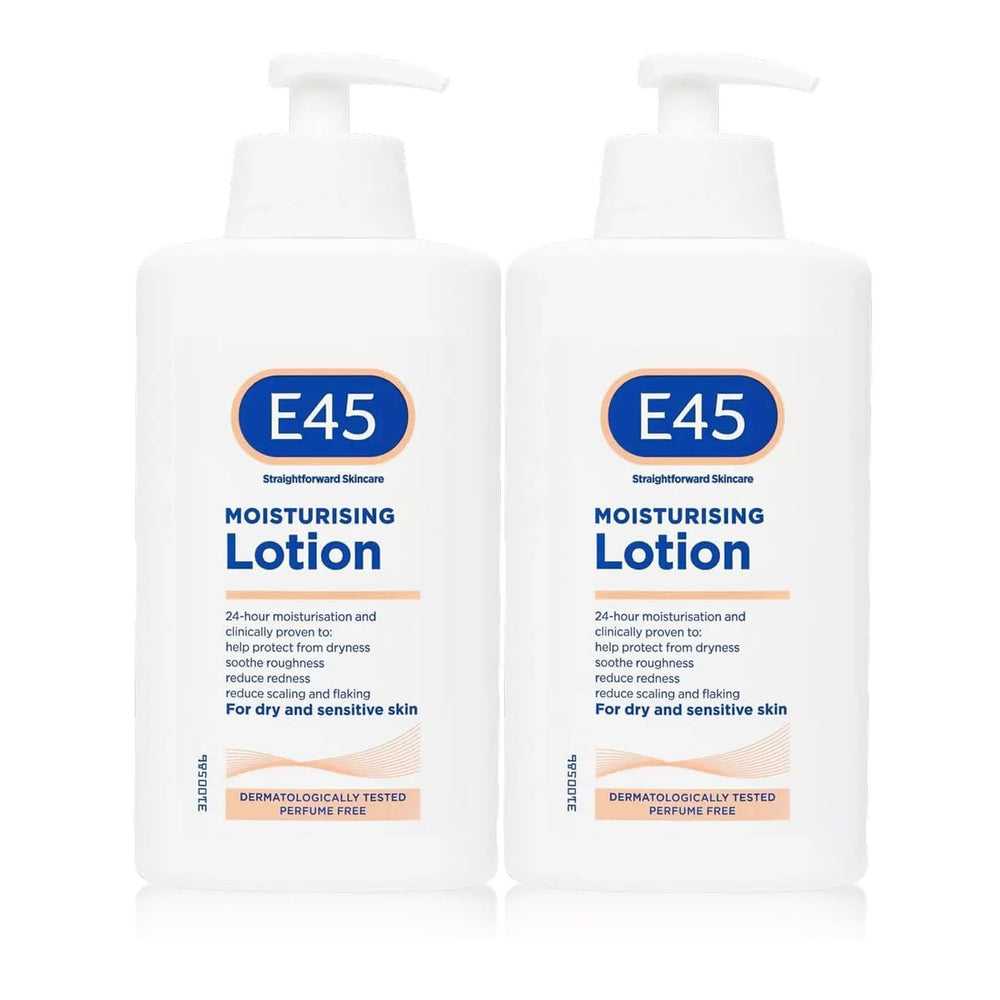 E45 Dermatological Moisturising Lotion 2-pack bottle showing smooth, fragrance-free skin relief.