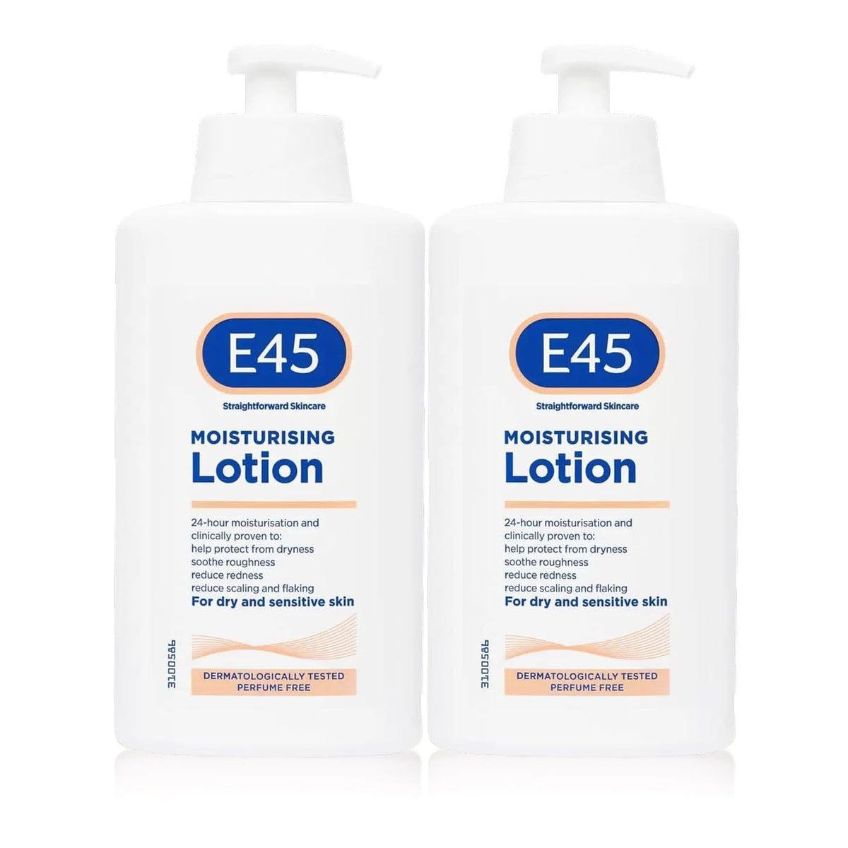 E45 Dermatological Moisturising Lotion 2-pack bottle showing smooth, fragrance-free skin relief.