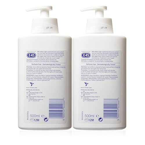 E45 Dermatological Moisturising Lotion 2-pack tube close-up highlights the hypoallergenic formula.
