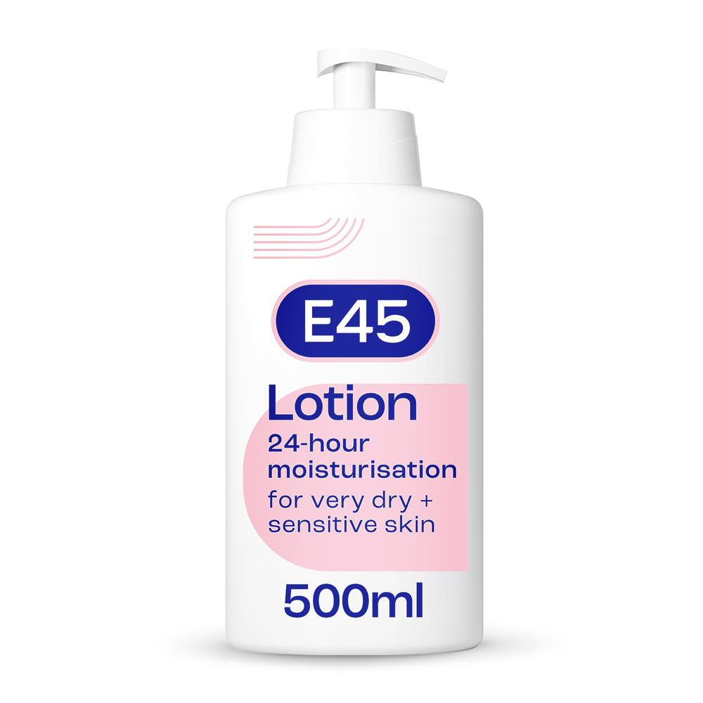 E45 Dermatological Moisturising Lotion bottle shows lightweight, non-greasy hydration for daily use.