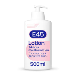 E45 Dermatological Moisturising Lotion bottle shows lightweight, non-greasy hydration for daily use.