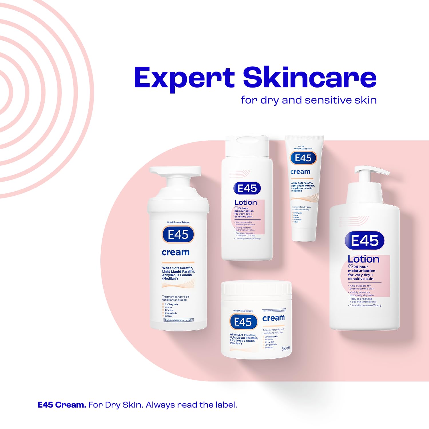 E45 Dermatological Moisturising Lotion 500ml packaging reflects family-friendly, dermatologist-developed care.