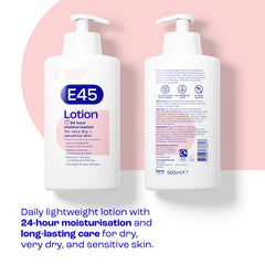 E45 lotion pump shows easy dispensing of fragrance-free, daily moisturising for sensitive skin.