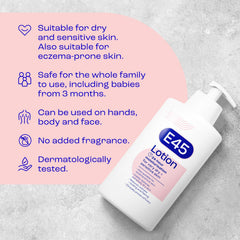 E45 moisturising lotion texture closeup highlights fast-absorbing, non-greasy feel.