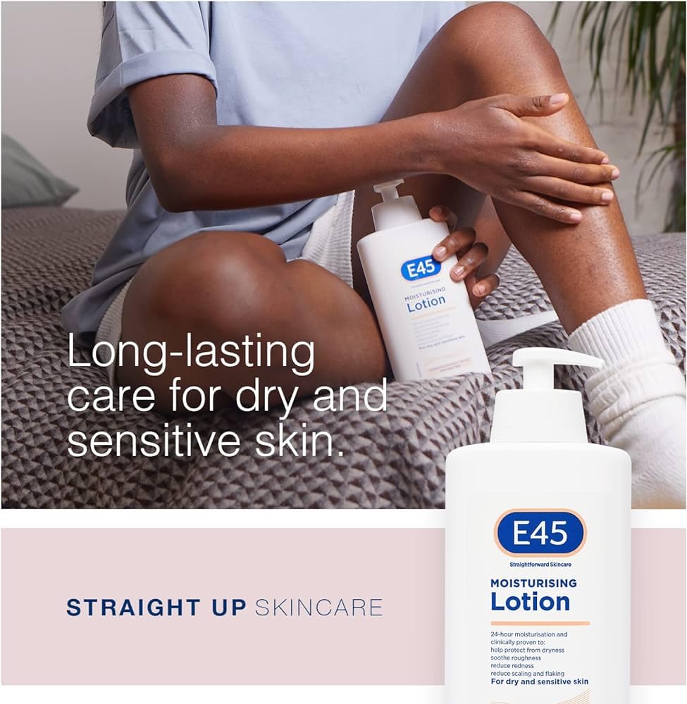 E45 label emphasizes allergy screened and dermatologically tested.