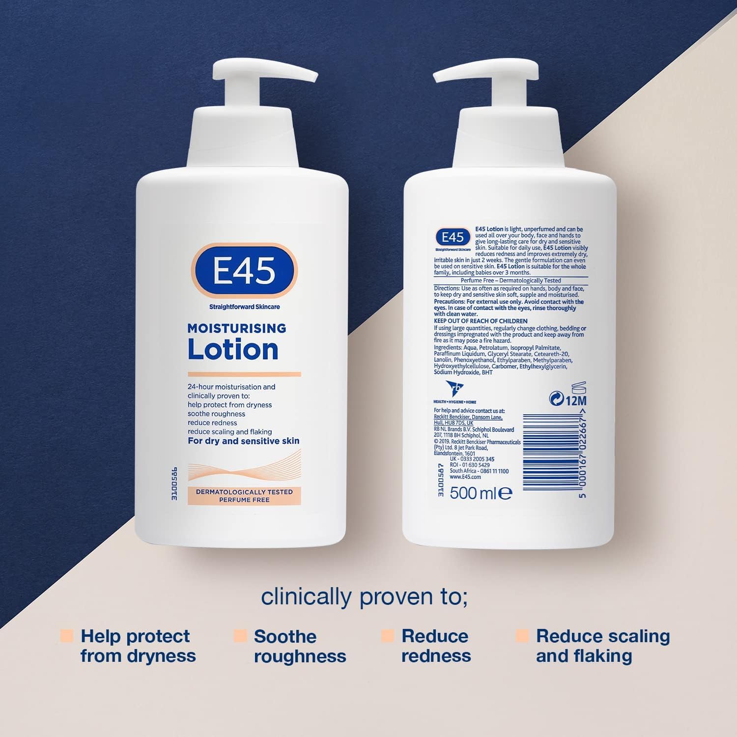 E45 lotion being massaged into forearm shows easy daily application.