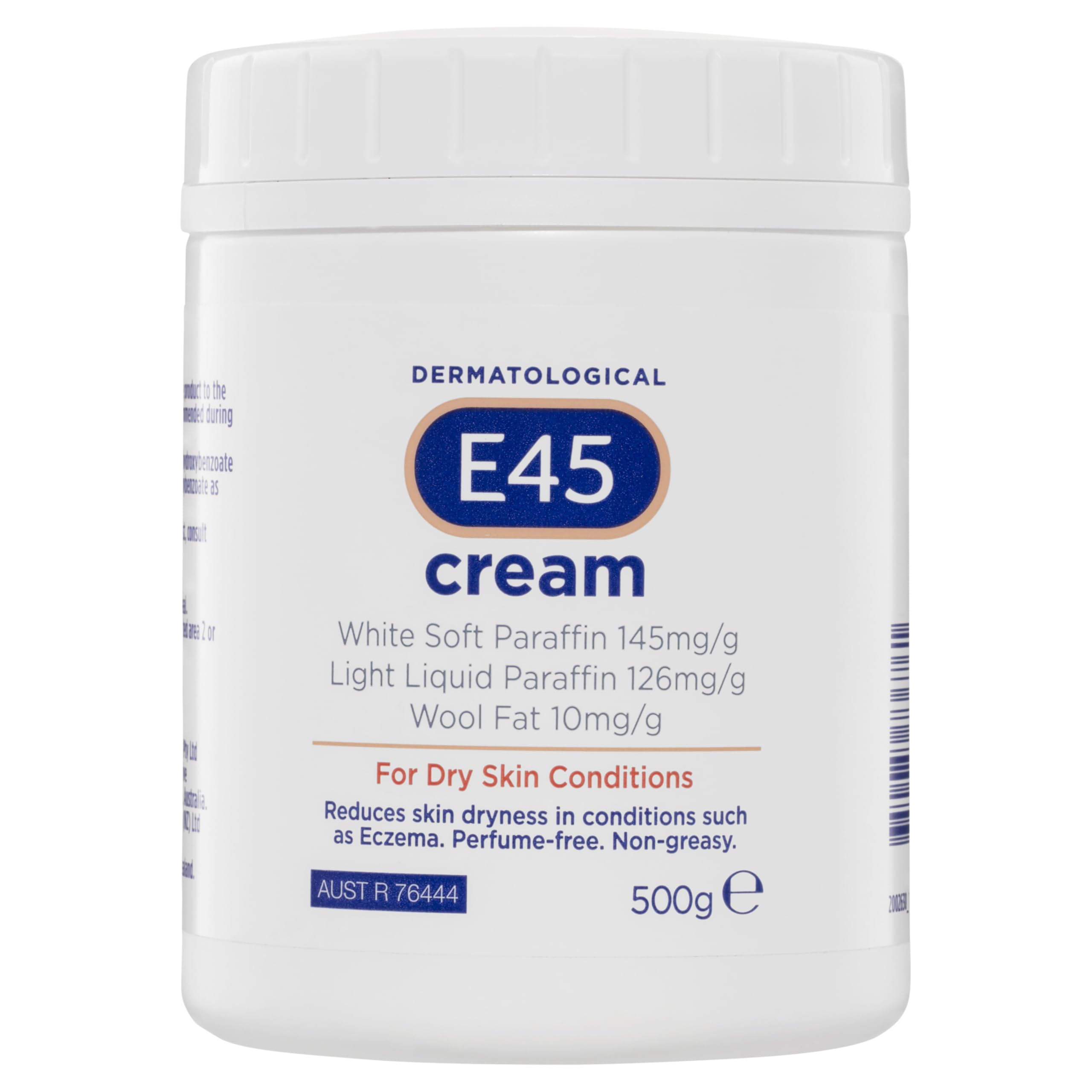 E45 Moisturiser 500g tub closeup for daily hydration of dry skin.