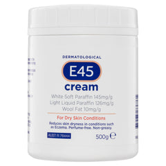 E45 Moisturiser 500g tub closeup for daily hydration of dry skin.