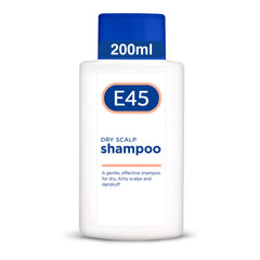 Botella de E45 Shampoo Dermatológico para cabello seco, 200 ml, sin perfume.
