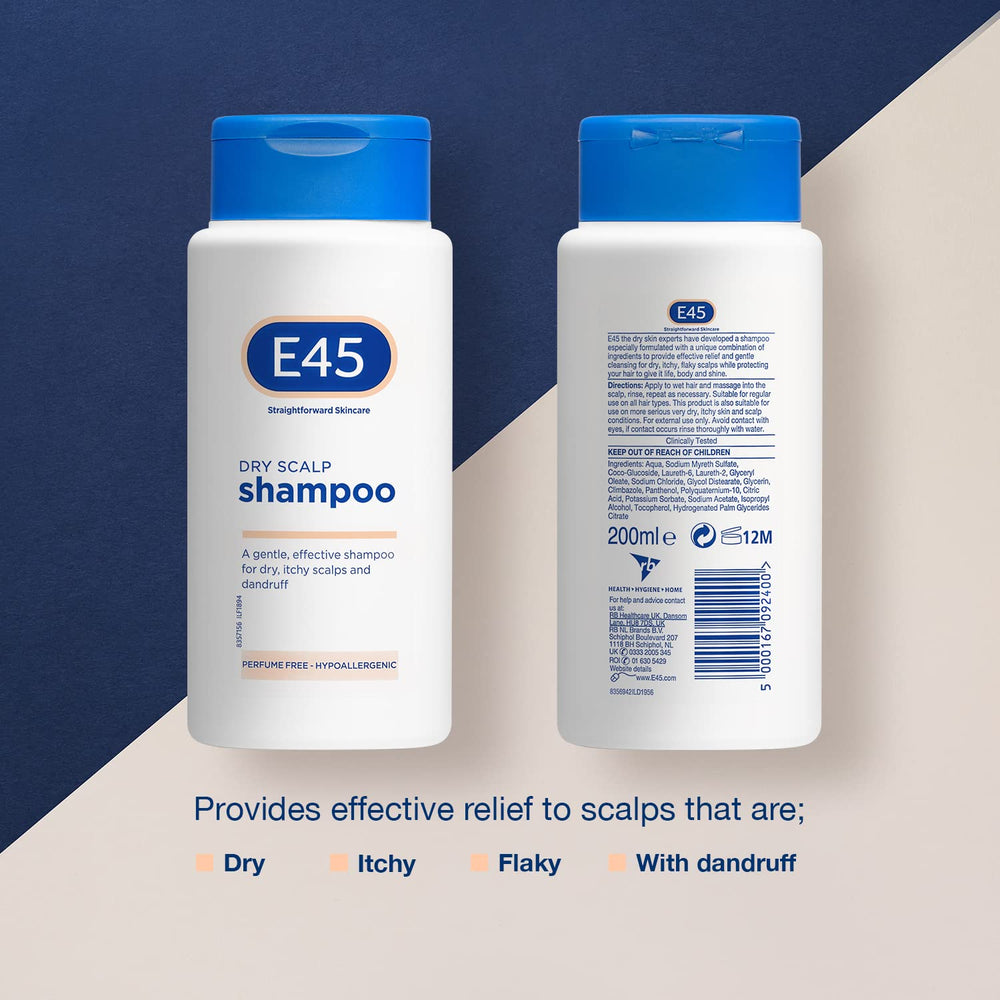 Etiqueta del champú E45 Dermatológico sin perfume, ideal para piel sensible.
