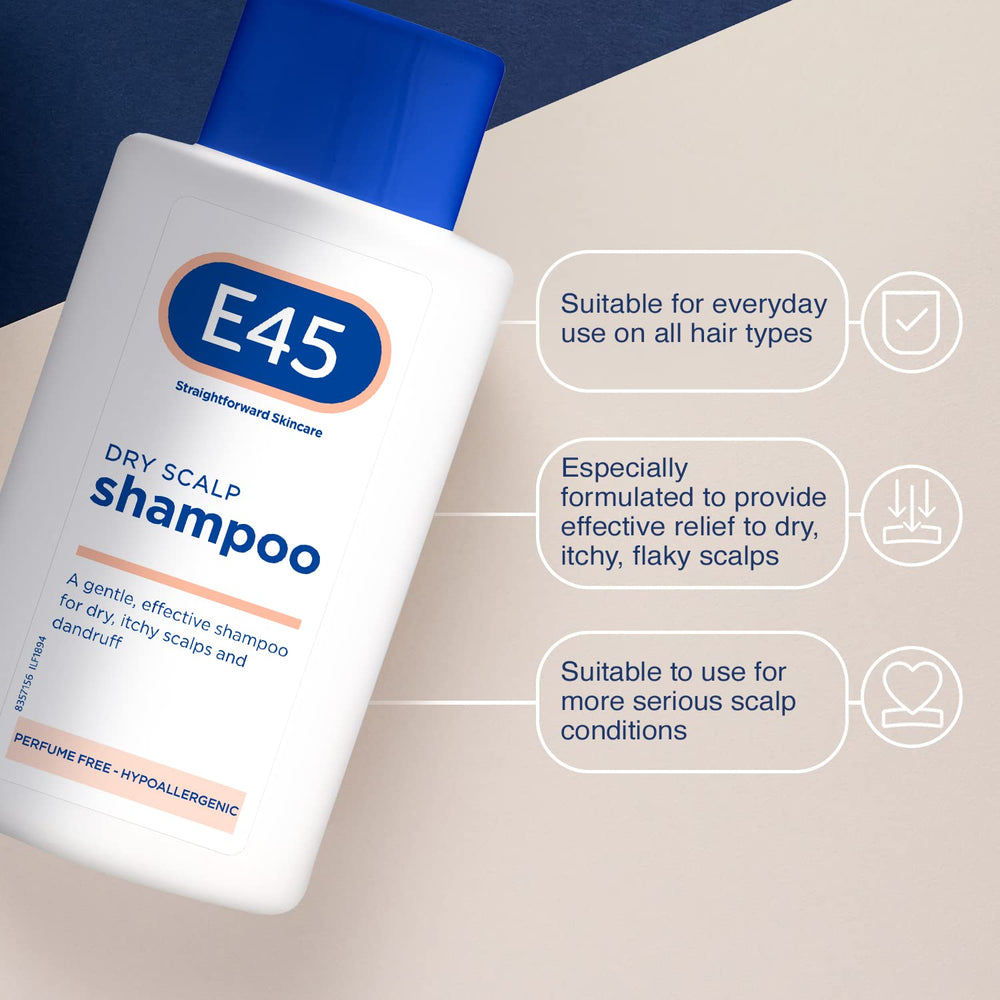 Uso diario recomendado de E45 Shampoo Dermatológico para cabello limpio.