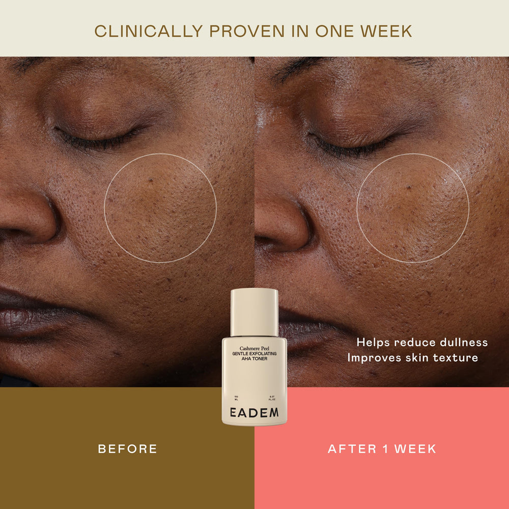 EADEM Cashmere Peel rice-water—light hydration from first swipe.