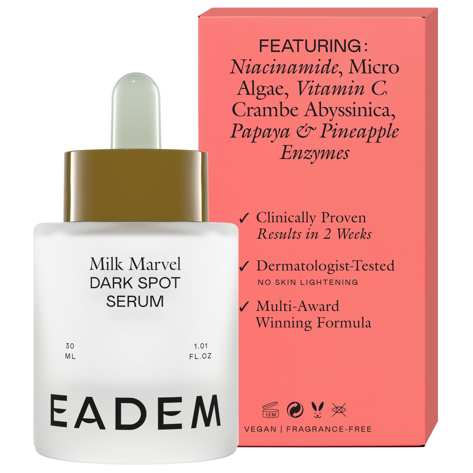EADEM Milk Marvel bottle close-up showing premium dark spot serum for even skin tone and clarity