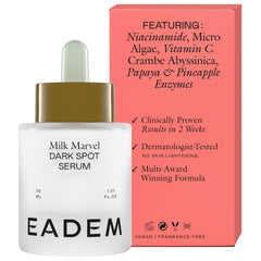 EADEM Milk Marvel bottle close-up showing premium dark spot serum for even skin tone and clarity