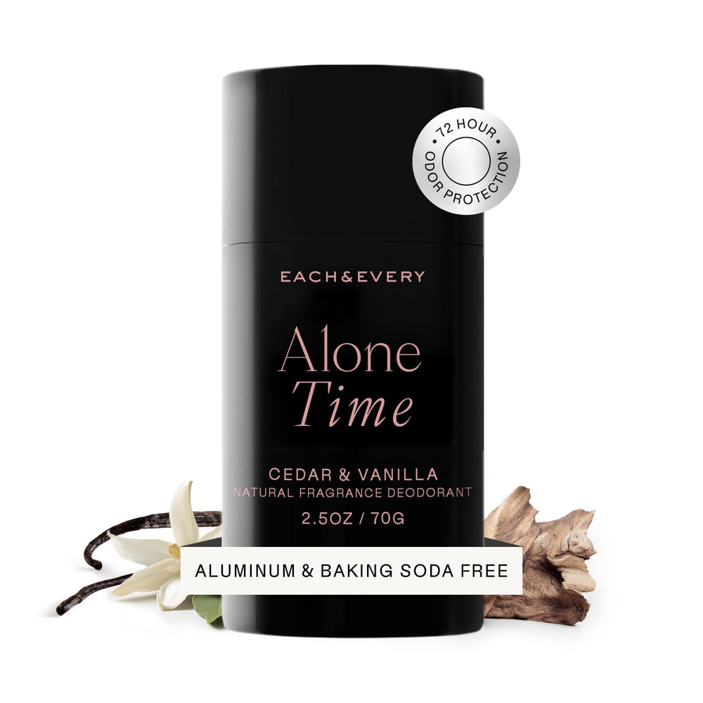 Each & Every Cedar & Vanilla deodorant bottle with aluminum-free formula for all-day odor protection.