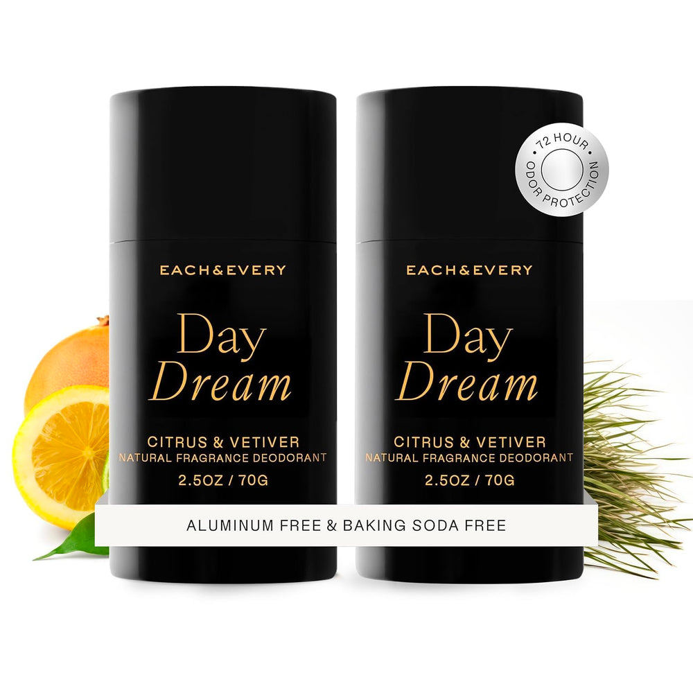 Each & Every aluminum-free deodorant bottle with citrus vetiver aroma for all-day freshness.