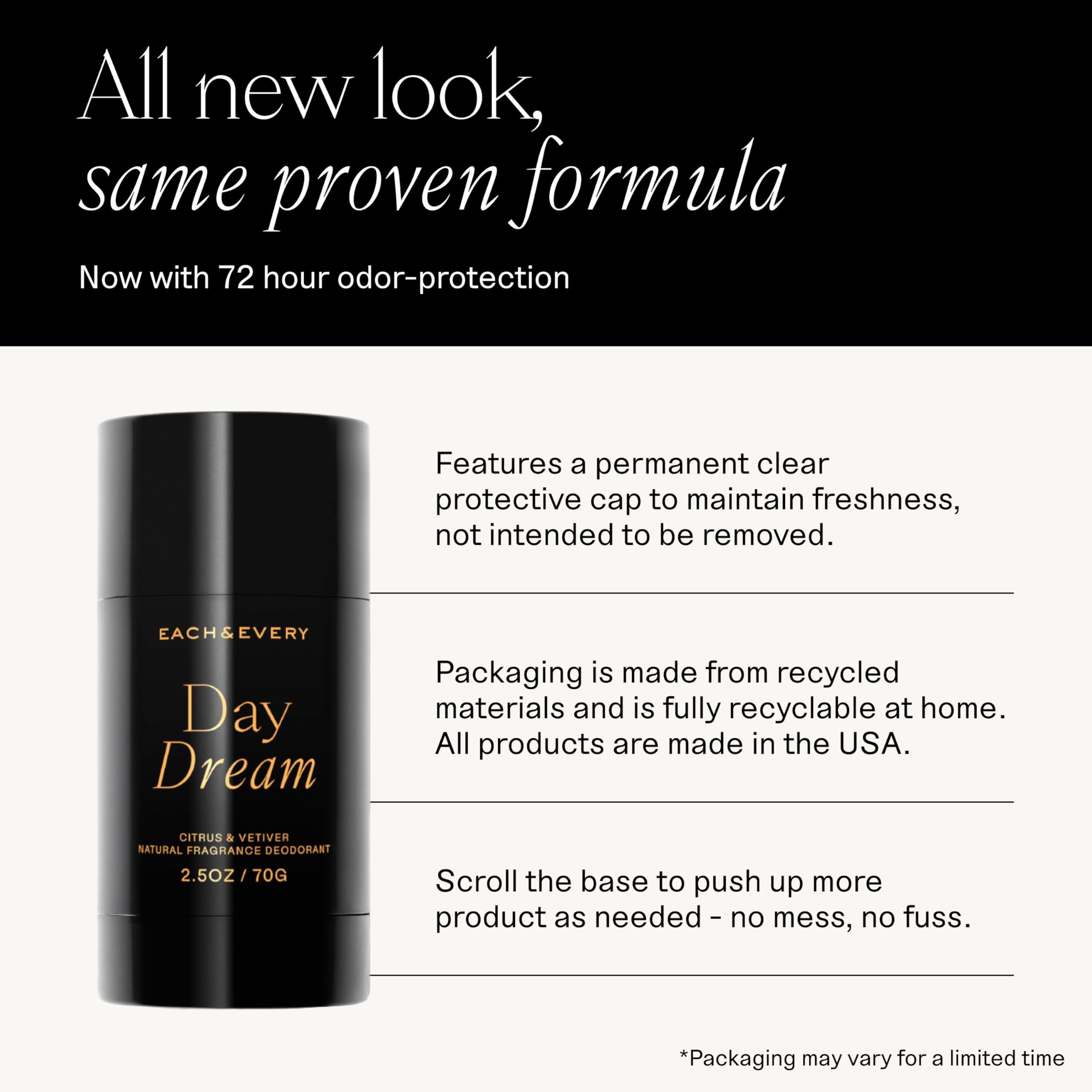 Each & Every aluminum-free deodorant showing smooth glide texture for active days.