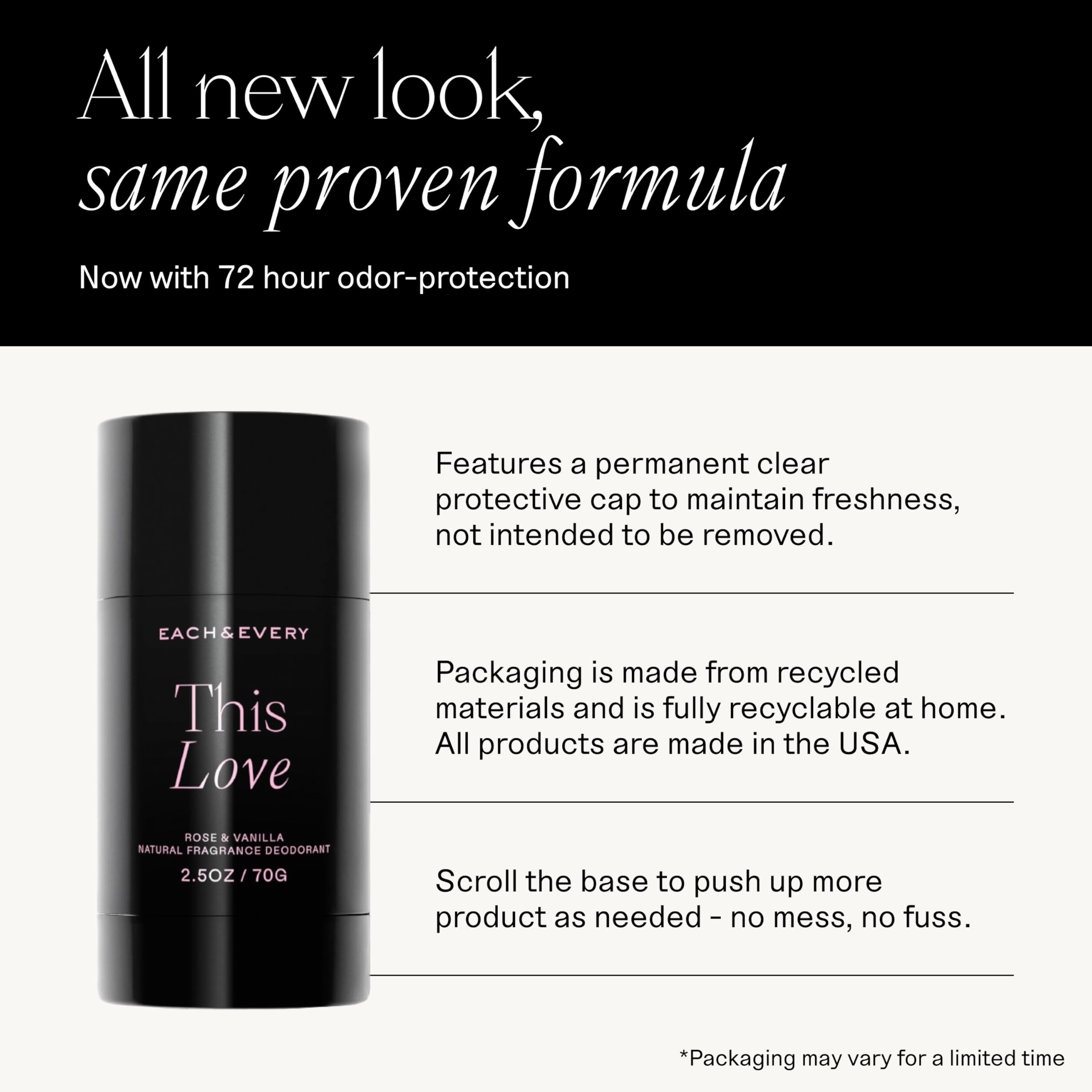 Each & Every aluminum-free packaging highlights eco-friendly materials for conscious shoppers.