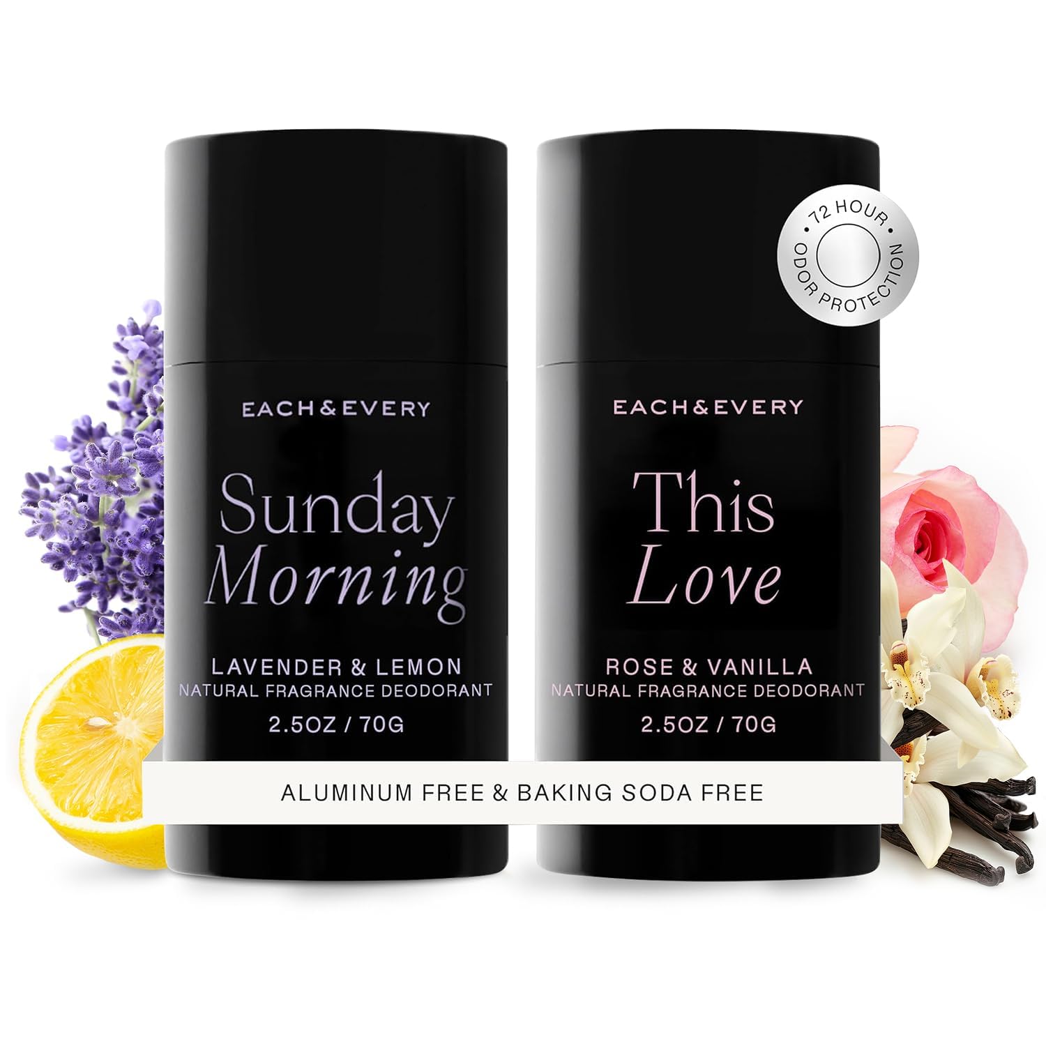 Each & Every lavender-lemon packaging signals eco-friendly deodorant choice for sensitive skin.