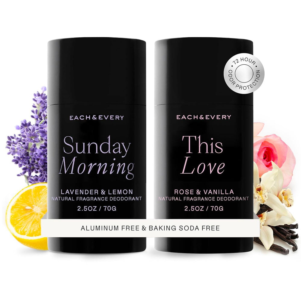 Each & Every lavender-lemon packaging signals eco-friendly deodorant choice for sensitive skin.