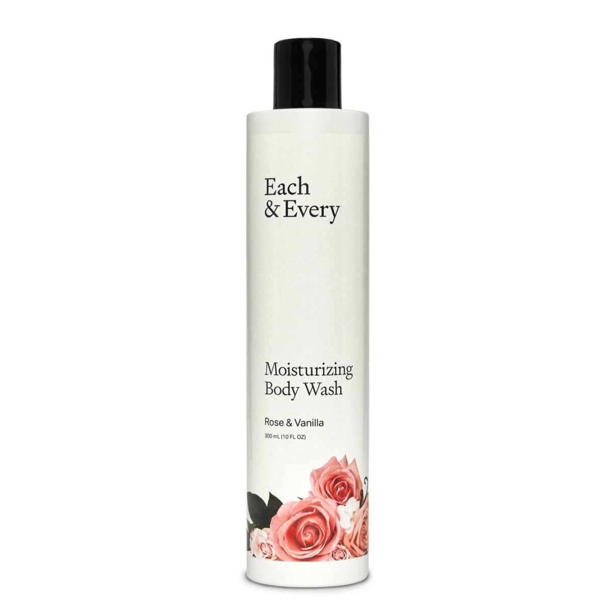 Each & Every Rose Vanilla body wash bottle for sensitive skin showing gentle cleansing