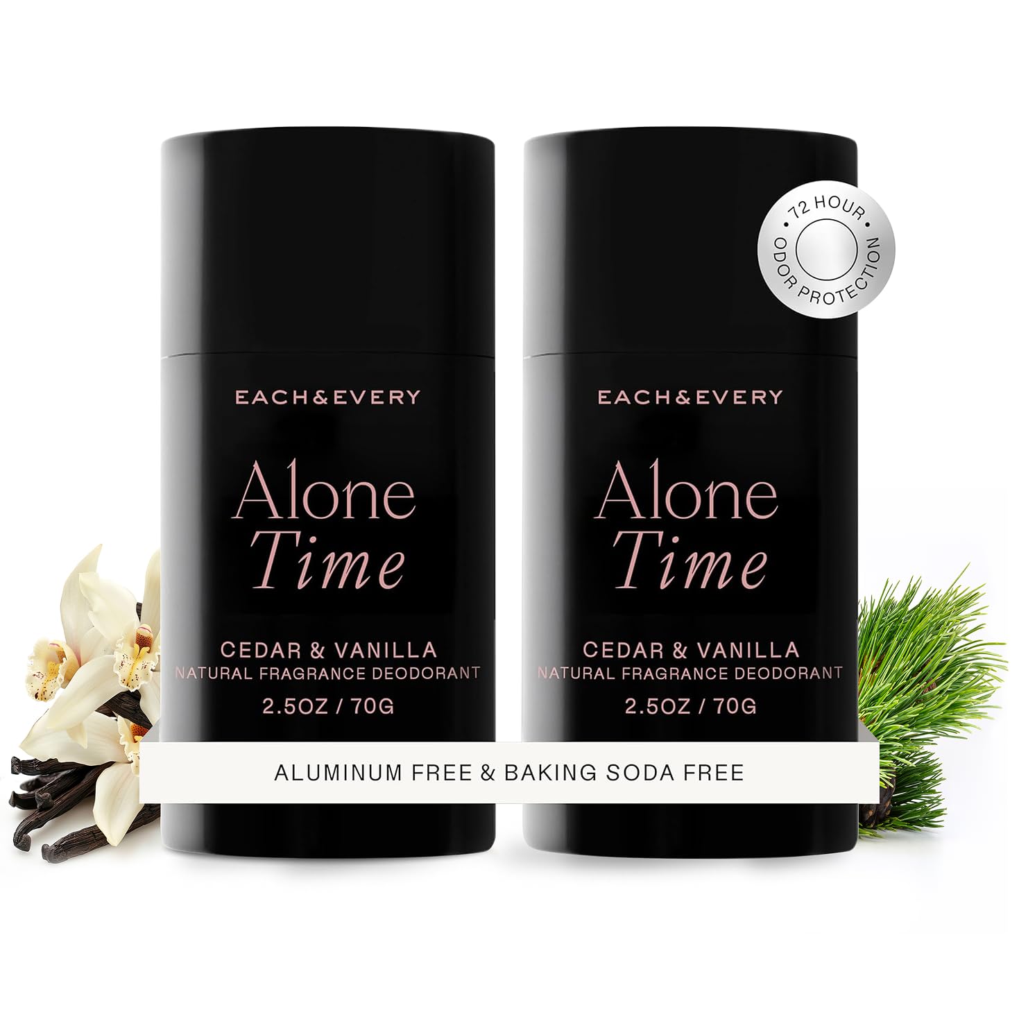 Each & Every cedar-vanilla deodorant pack provides all-day odor protection.