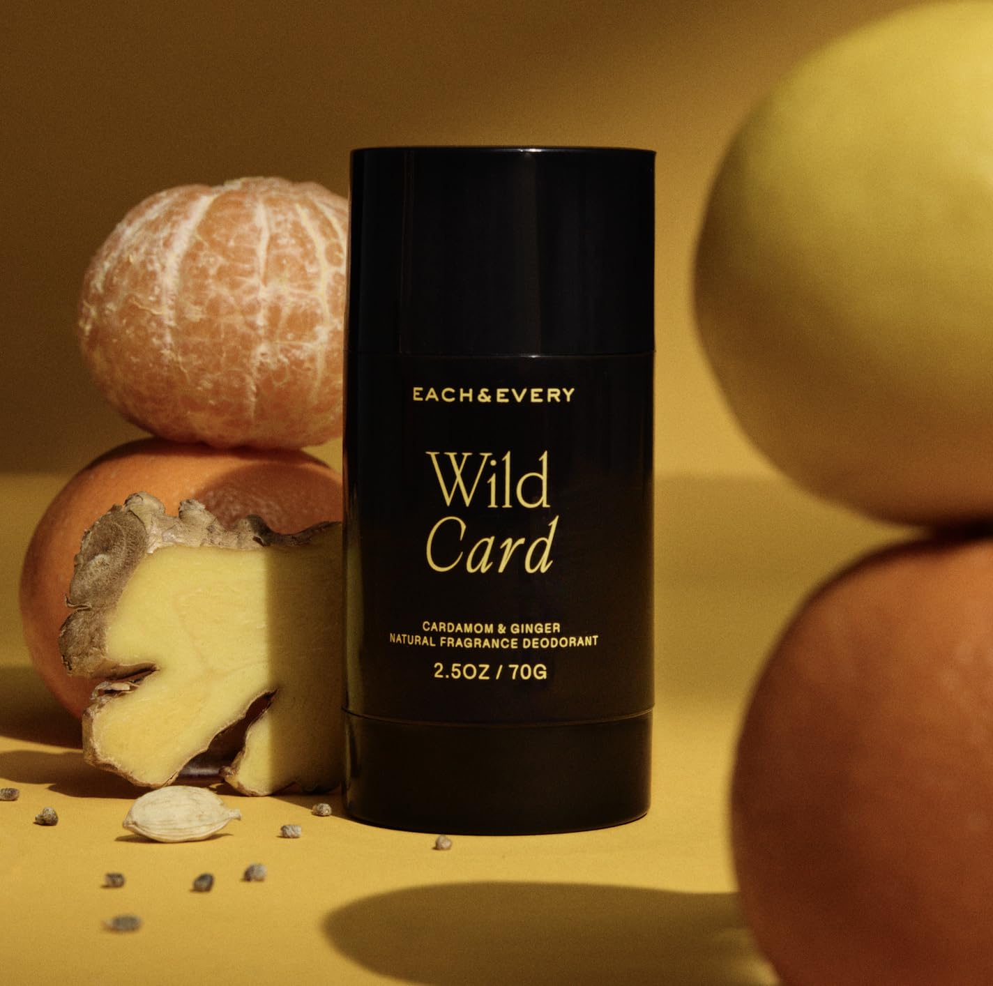 Each & Every deodorant-cardamom-ginger-packaging highlights sustainable packaging and vegan ethics.