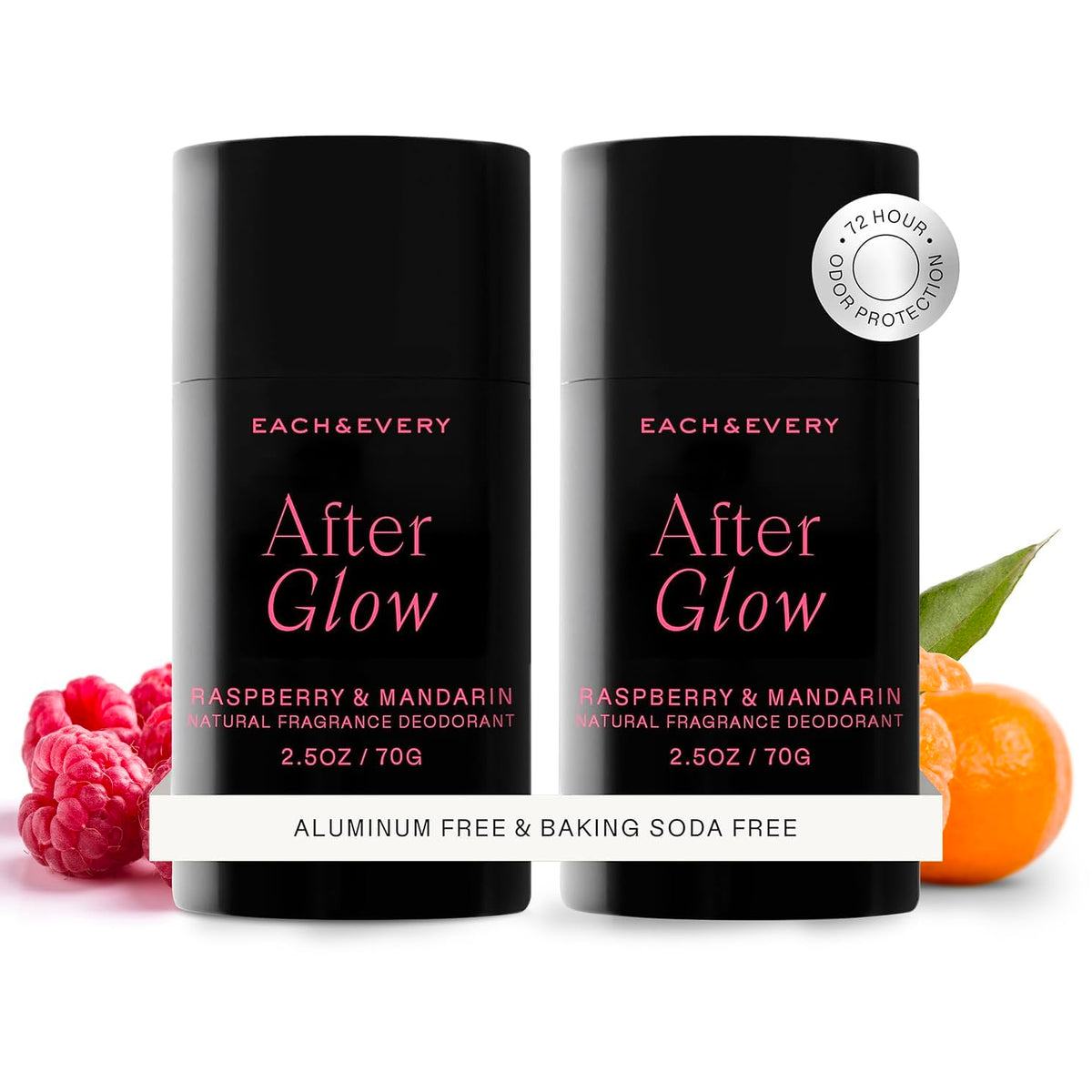 Each & Every raspberry-mandarin deodorant packaging close-up for clean, natural scent.