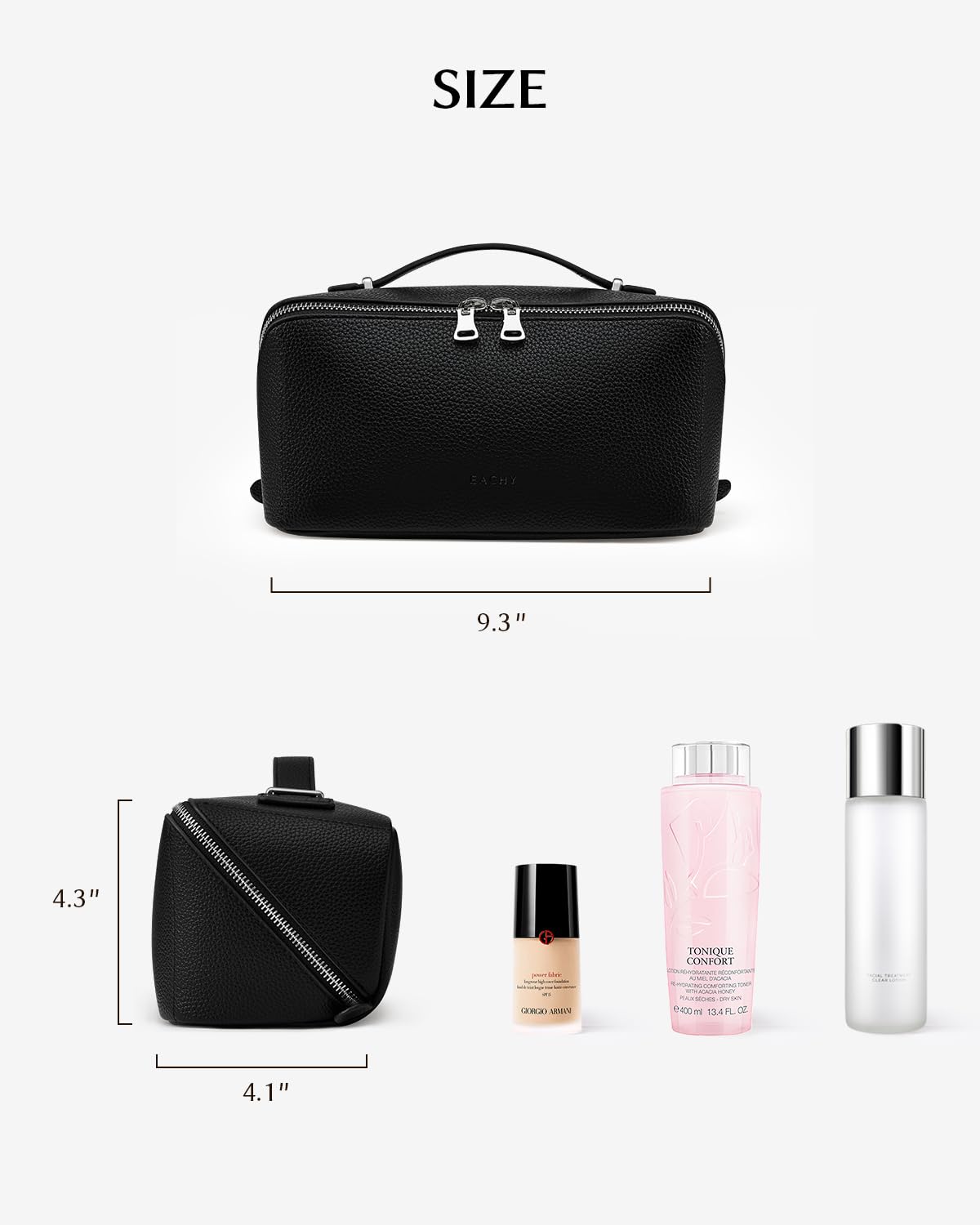 Eachy makeup bag handle design enables easy grab-and-go carrying