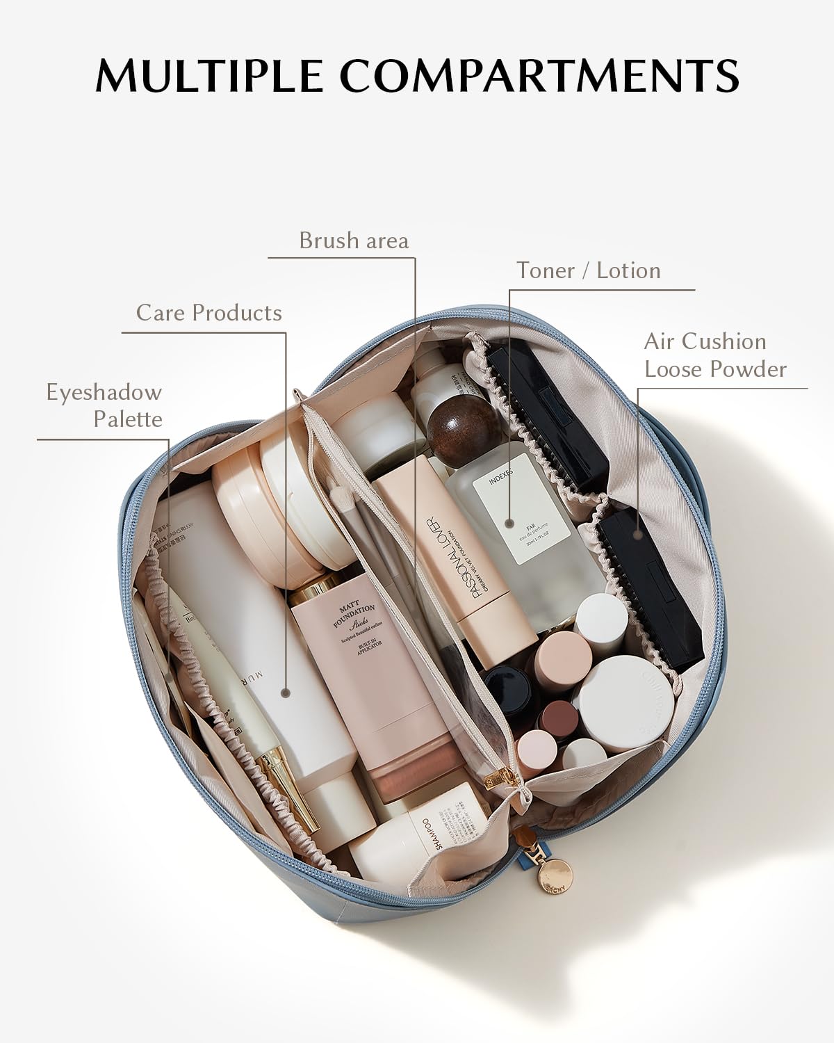 EACHY makeup bag spacious design shows ample storage for cosmetics on trips