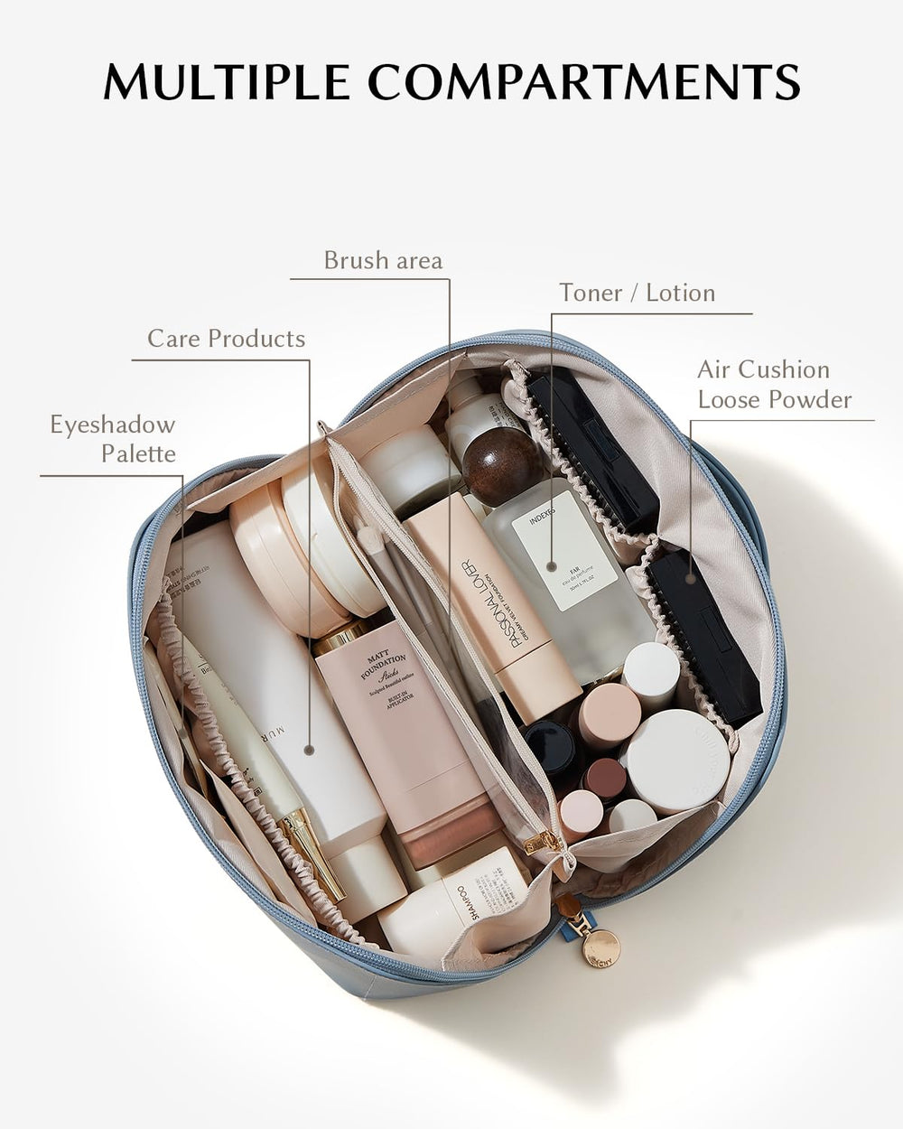 EACHY makeup bag spacious design shows ample storage for cosmetics on trips