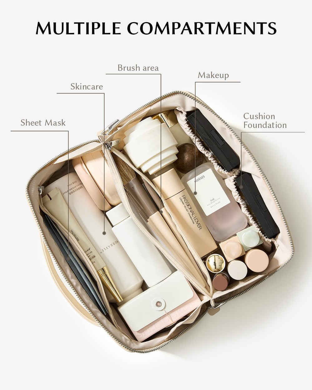 EACHY makeup bag interior with pockets and TPU brush pocket keeps cosmetics organized