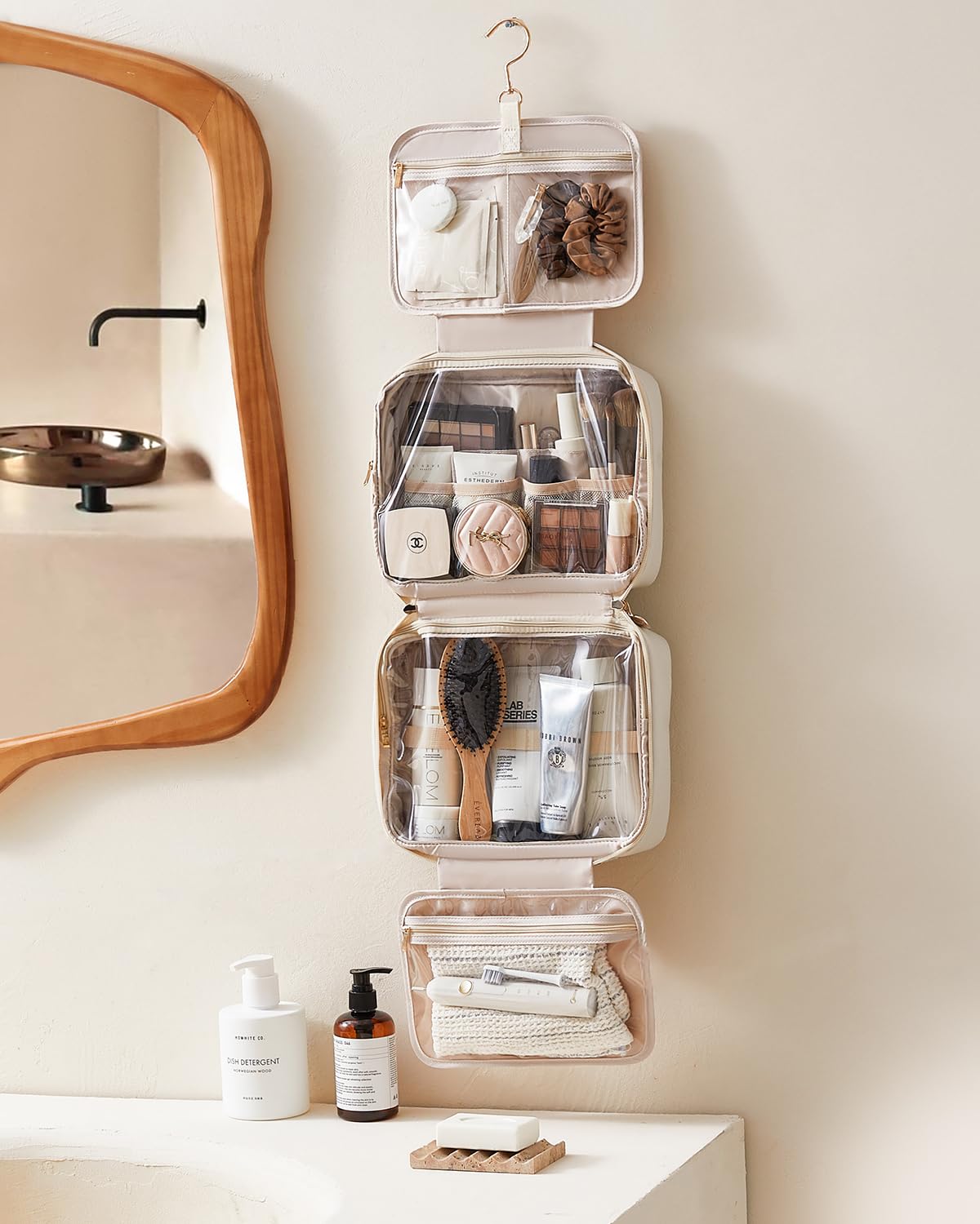 EACHY Toiletry Bag beige color full view emphasizes versatile organizer.