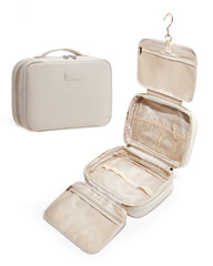 EACHY Toiletry Bag with hanging hook front view in beige for organized travel.