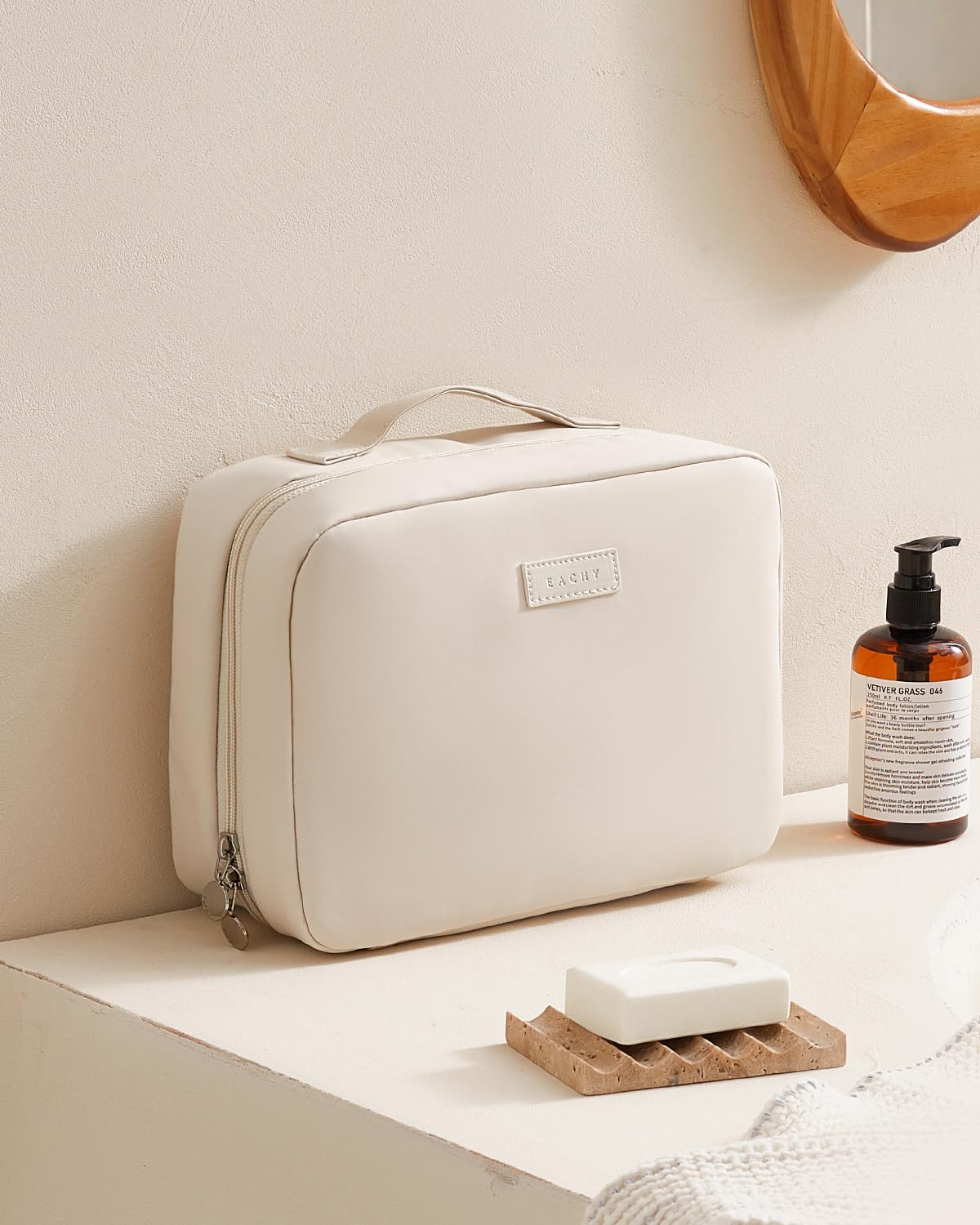 EACHY Toiletry Bag interior four compartments maximize cosmetic storage on trips.