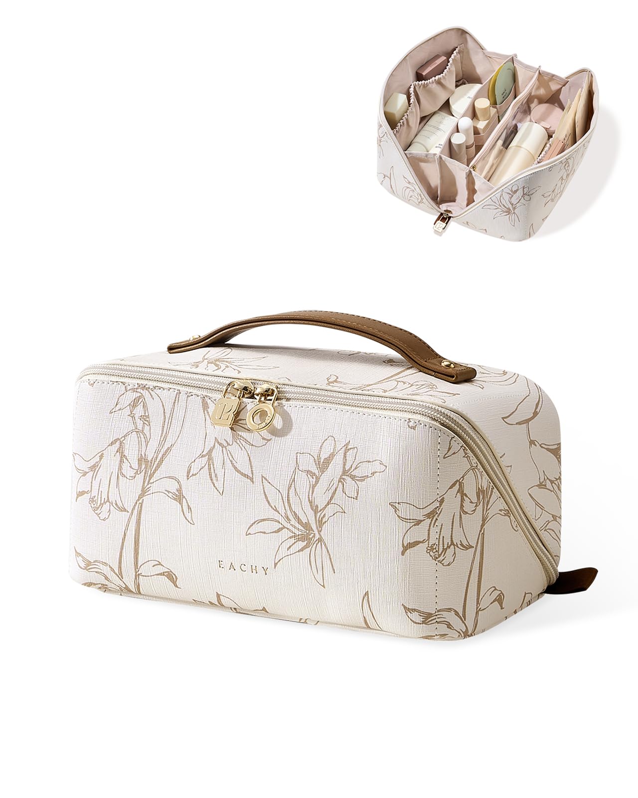 EACHY travel makeup bag beige open-flat view for quick access