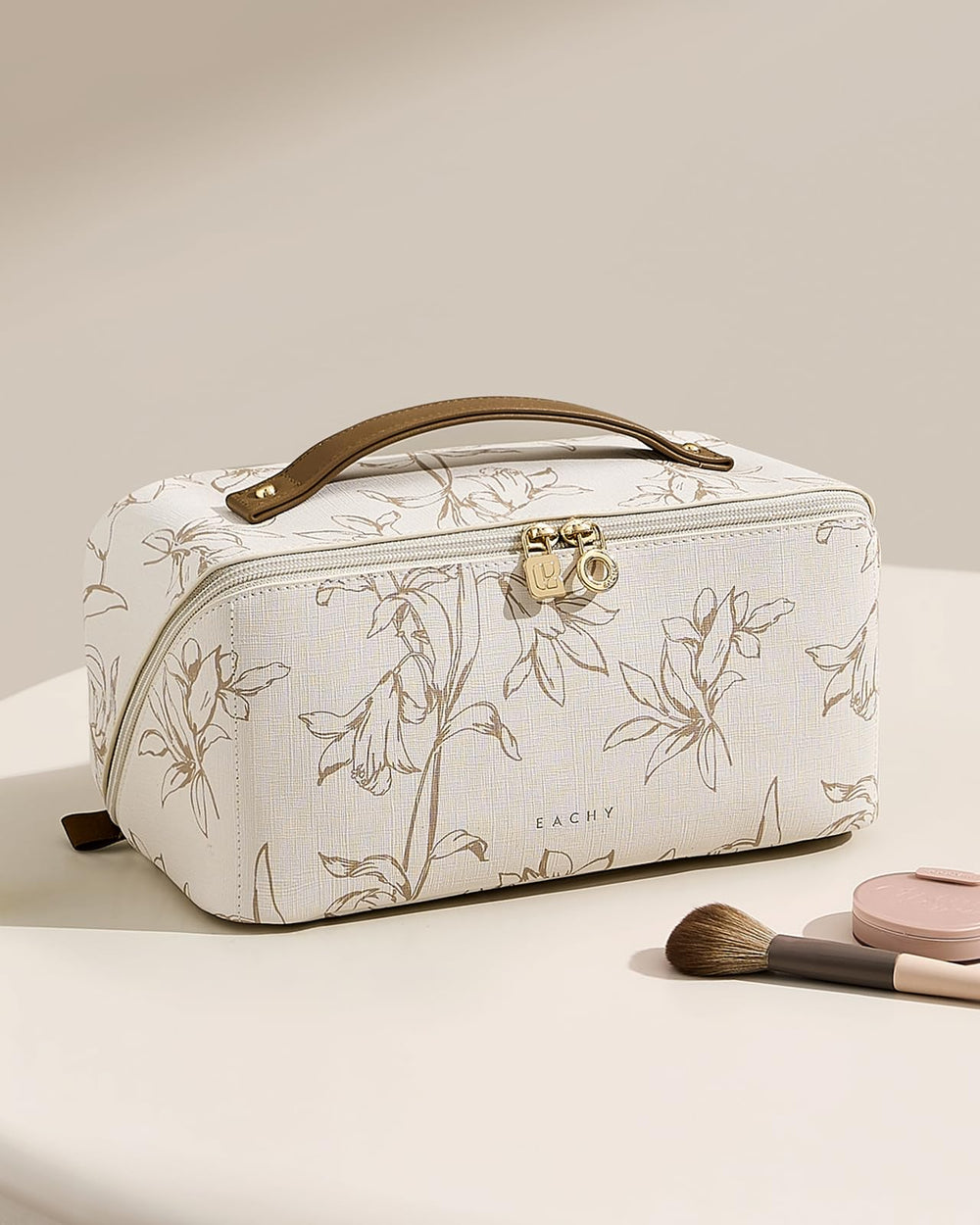 EACHY travel makeup bag beige inflatable padding protects shape during shipping