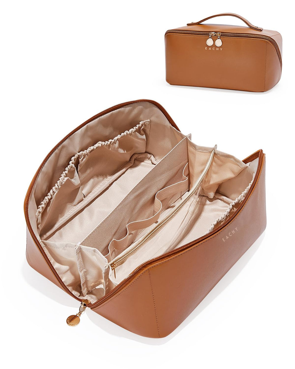 Eachy travel makeup bag brown close up shows waterproof PU leather for easy cleaning
