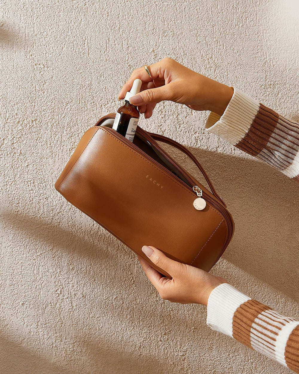 EACHY Travel Makeup Bag brown color adds a premium look and easy matching