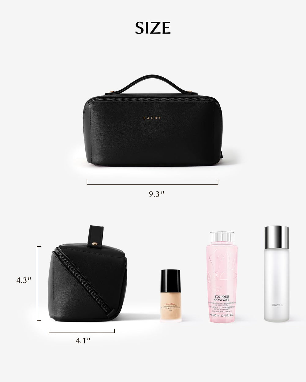 EACHY travel makeup bag brush compartment keeps brushes visible and tidy.