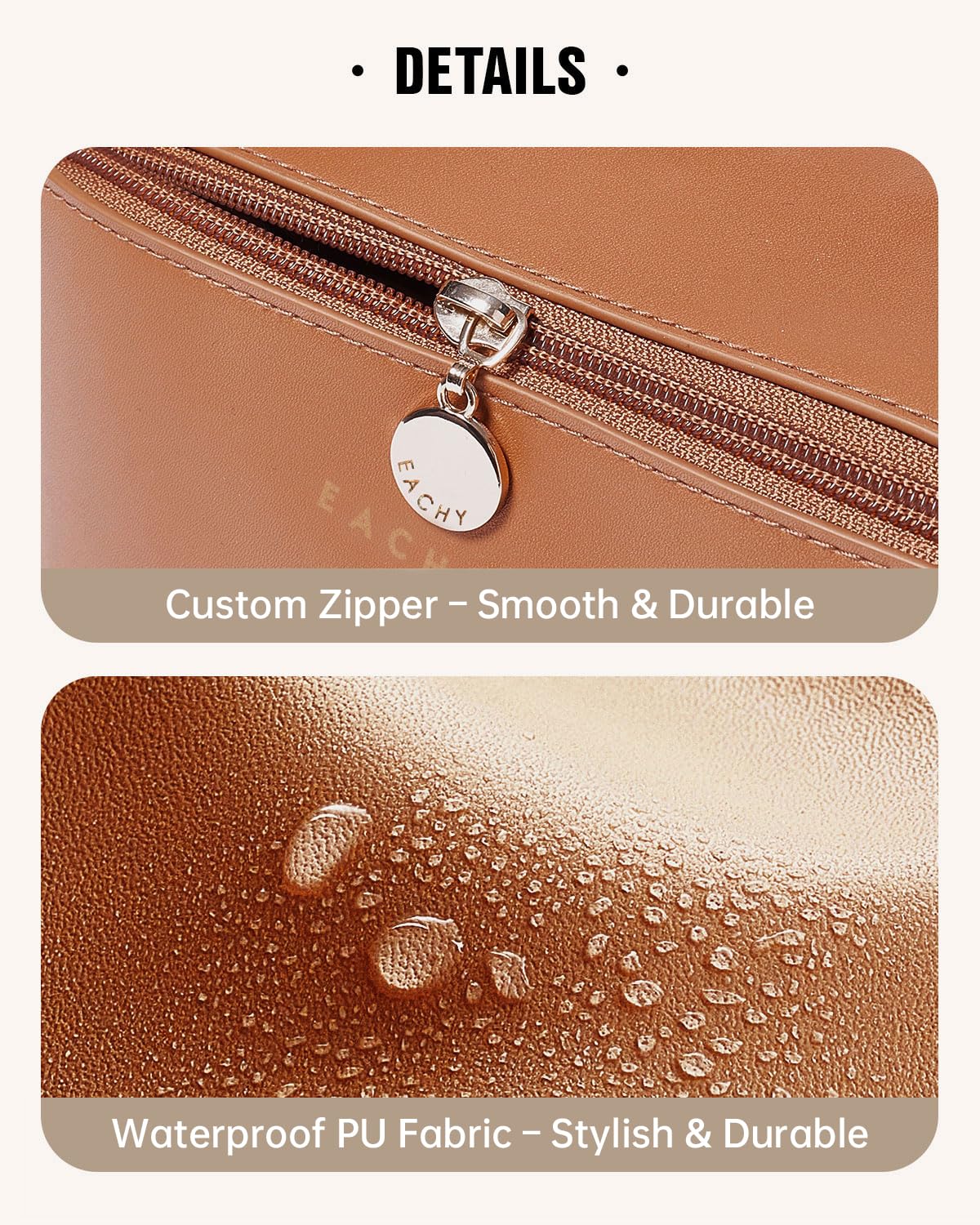 EACHY Travel Makeup Bag divider and handle for structured packing and easy carrying