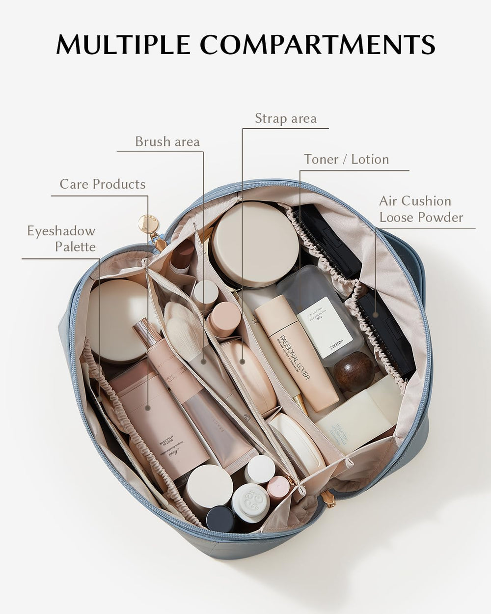 EACHY travel makeup bag divider-compartment shows tidy separation for brushes and cosmetics
