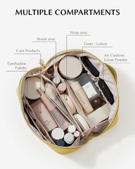 EACHY travel makeup bag divider compartment keeps cosmetics organized.