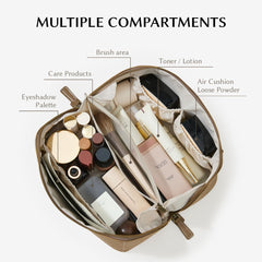 EACHY Travel Makeup Bag flat-open design allows full lay-flat packing and easy access.