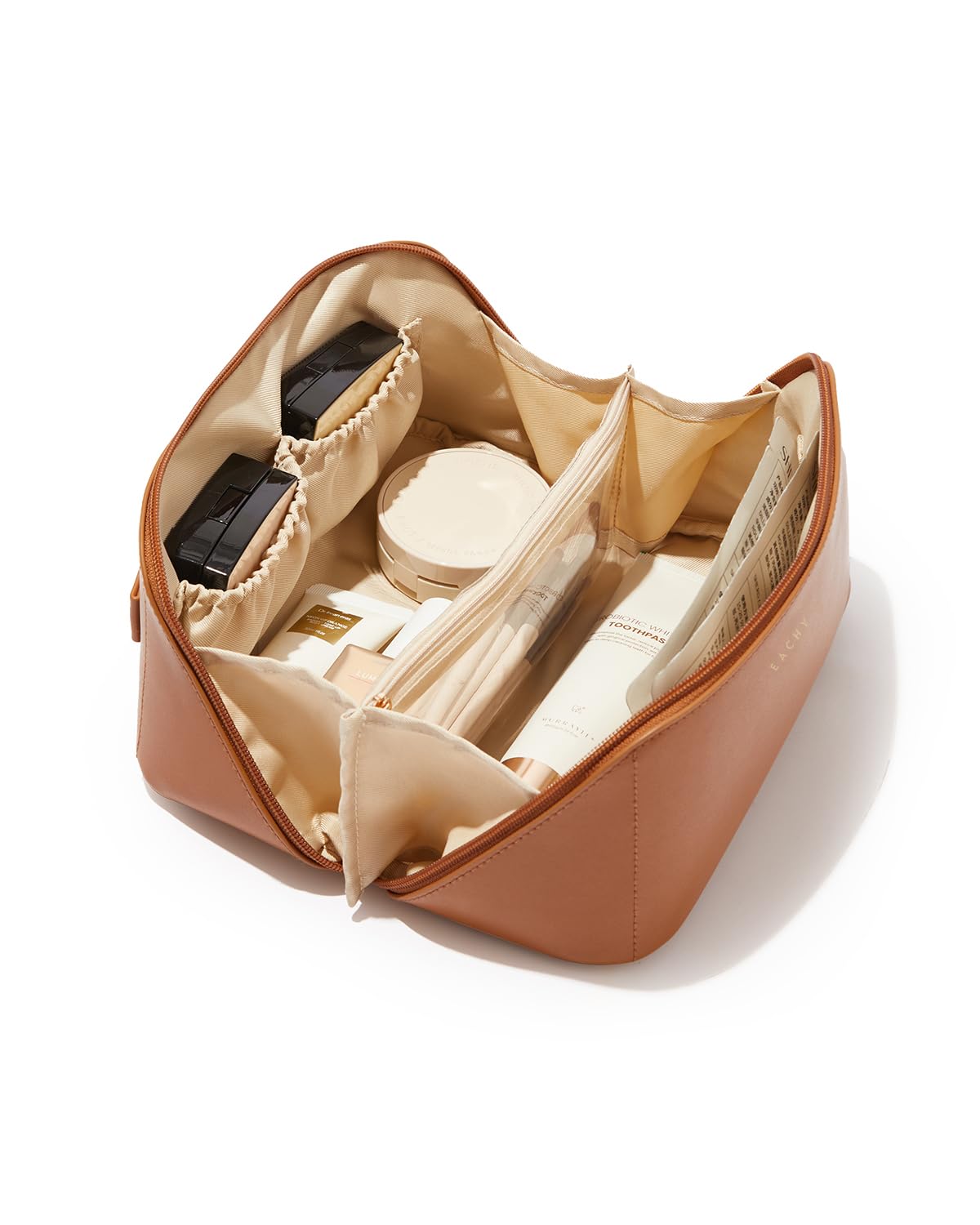 EACHY Travel Makeup Bag open flat view for quick item visibility on the go